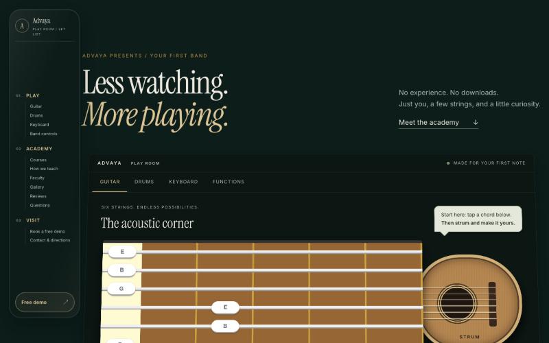 The Advaya Music Academy homepage, showing an interactive guitar play room